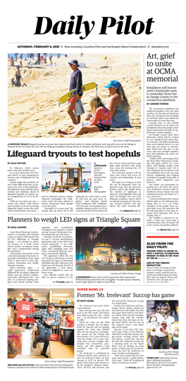 Lifeguard Tryouts to Test Hopefuls They Will Symbolize the Area’S Col- Lective Grieving