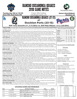 Rancho Cucamonga Quakes 2018 Game Notes