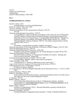 15/2/21 Liberal Arts and Sciences Anthropology Julian H. Steward Papers, 1842-1980 Box 1: CORRESPONDENCE, 1946-62