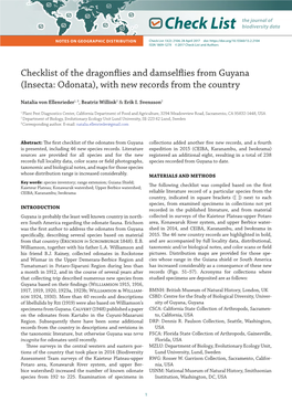 Checklist of the Dragonflies and Damselflies from Guyana (Insecta: Odonata), with New Records from the Country