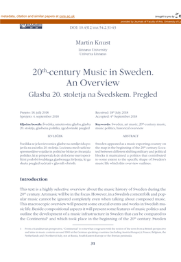 20Th-Century Music in Sweden. an Overview Glasba 20