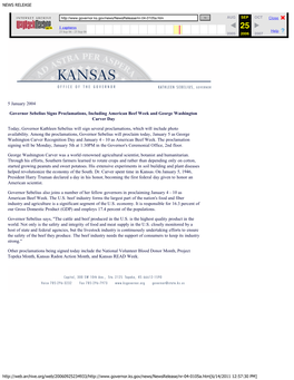 5 January 2004 Governor Sebelius Signs Proclamations, Including American Beef Week and George Washington Carver Day Today, Gover