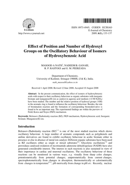 Effect of Position and Number of Hydroxyl Groups on the Oscillatory Behaviour of Isomers of Hydroxybenzoic Acid