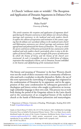 A Church ‘Without Stain Or Wrinkle’: the Reception and Application of Donatist Arguments in Debates Over Priestly Purity