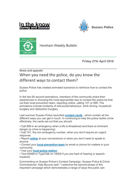 Sussex Police Horsham Weekly Bulletin 27.04.2018