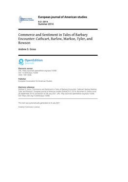 European Journal of American Studies, 9-2 | 2014 Commerce and Sentiment in Tales of Barbary Encounter: Cathcart, Barlow, Marko