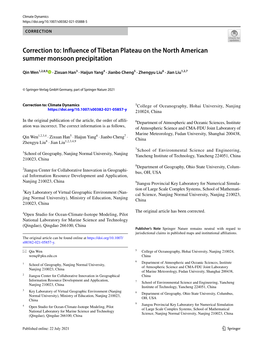 Correction To: Influence of Tibetan Plateau on the North American