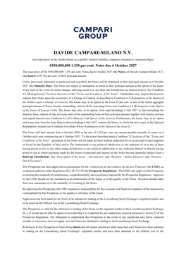 DAVIDE CAMPARI-MILANO N.V. (Incorporated in the Netherlands As a Public Limited Liability Company (Naamloze Vennootschap)) €550,000,000 1.250 Per Cent