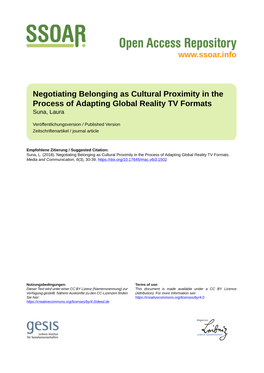 Negotiating Belonging As Cultural Proximity in the Process of Adapting Global Reality TV Formats Suna, Laura