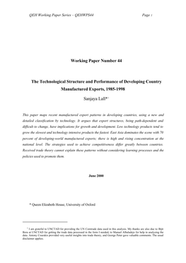 Working Paper Number 44 the Technological Structure And