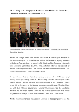 7Th Meeting of the Singapore-Australia Joint Ministerial Committee, Canberra, Australia, 10 September 2012