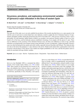 Occurrence, Prevalence, and Explanatory Environmental Variables of Spirocerca Vulpis Infestation in the Foxes of Western Spain