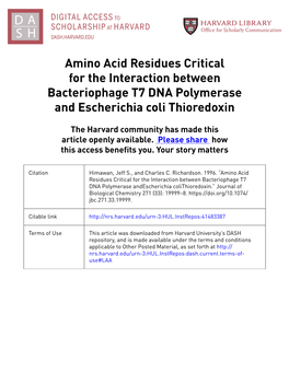 Amino Acid Residues Critical for the Interaction Between Bacteriophage T7 DNA Polymerase and Escherichia Coli Thioredoxin