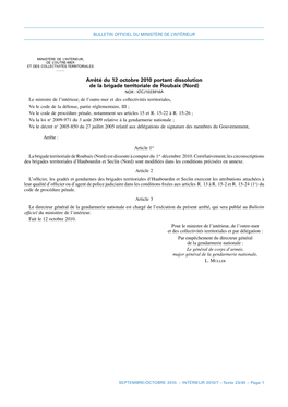 Arrêté Du 12 Octobre 2010 Portant Dissolution De La Brigade Territoriale
