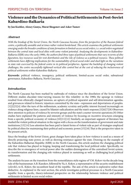 Violence and the Dynamics of Political Settlements in Post-Soviet Kabardino-Balkaria by Jan Koehler, Alexey Gunya, Murat Shogenov and Asker Tumov