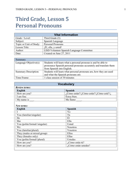 Third Grade, Lesson 5 Personal Pronouns