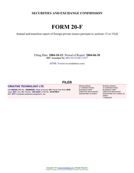 CREATIVE TECHNOLOGY LTD (Form: 20-F, Filing Date: 10/15/2004)