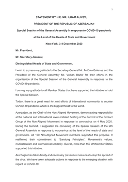 Statement by H.E. Mr. Ilham Aliyev, President of The