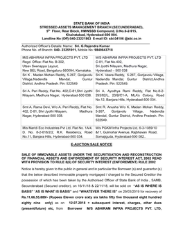 STATE BANK of INDIA STRESSED ASSETS MANAGEMENT BRANCH (SECUNDERABAD), 5Th Floor, Rear Block, HMWSSB Compound, D.No.6-2-915, Khairatabad, Hyderabad-500 004