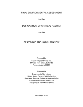 Final Environmental Assessment for the Designation of Critical Habitat for the Spikedace and Loach Minnow