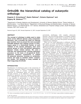 Orthodb: the Hierarchical Catalog of Eukaryotic Orthologs Evgenia V
