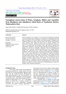 Germplasm Conservation of Maize, Sorghum, Millets and Vegetables from Dhadgaon and Akkalkuwa Tribal Block of Nandurbar District, Maharashtra State