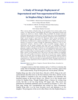 A Study of Strategic Deployment of Supernatural and Non-Supernatural Elements in Stephen King’S Salem’S Lot