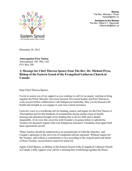 A Message for Chief Theresa Spence from the Rev. Dr. Michael Pryse, Bishop of the Eastern Synod of the Evangelical Lutheran Church in Canada