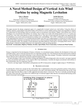 A Novel Method Design of Vertical Axis Wind Turbine by Using Magnetic Levitation (IJIRST/ Volume 4 / Issue 1/ 038)