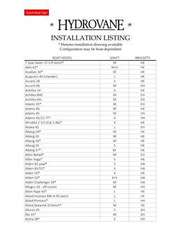 INSTALLATION LISTING * Denotes Installation Drawing Available Configuration May Be Boat-Dependent