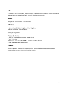 1 Title Estimating a Drug's Elimination Rate-Constant Or Half-Life from a Single Blood Sample