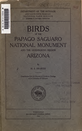 Birds of the Papago Saguaro National Monument and the Neighboring Region Arizona