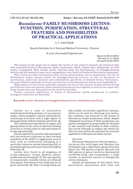 Russulaceae FAMILY MUSHROOMS LECTINS: FUNCTION, PURIFICATION, STRUCTURAL FEATURES and POSSIBILITIES of PRACTICAL APPLICATIONS L