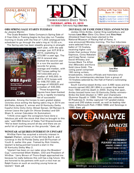 Obs Spring Sale Starts Tuesday Winstar Acquires Interest in Upstart 2015 Hall of Fame Inductees Announced