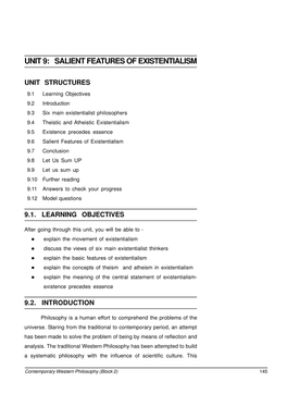 Unit 9: Salient Features of Existentialism