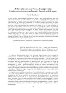 Coloro Che Corrono a Verona Il Drappo Verde» Il Palio Come Strumento Politico, Tra Signorie E Città Venete