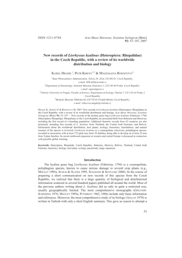 New Records of Liorhyssus Hyalinus (Heteroptera: Rhopalidae) in the Czech Republic, with a Review of Its Worldwide Distribution and Biology