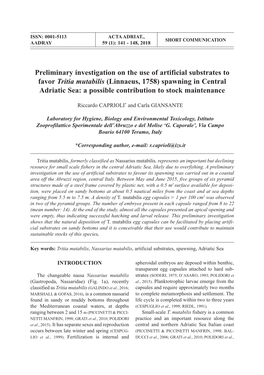 Preliminary Investigation on the Use of Artificial Substrates to Favor Tritia Mutabilis (Linnaeus, 1758) Spawning in Central