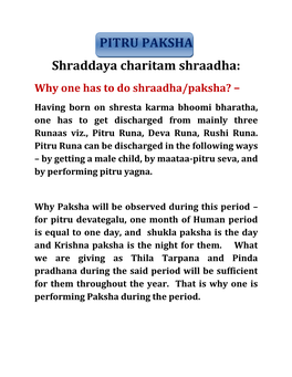 PITRU PAKSHA Shraddaya Charitam Shraadha