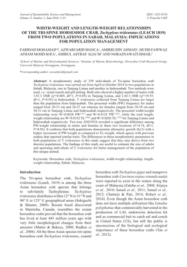 WIDTH-WEIGHT and LENGTH-WEIGHT RELATIONSHIPS of the TRI-SPINE HORSESHOE CRAB, Tachypleus Tridentatus (LEACH 1819) from TWO POPUL