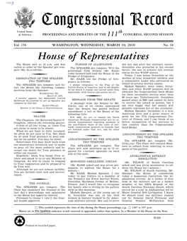 Congressional Record United States Th of America PROCEEDINGS and DEBATES of the 111 CONGRESS, SECOND SESSION