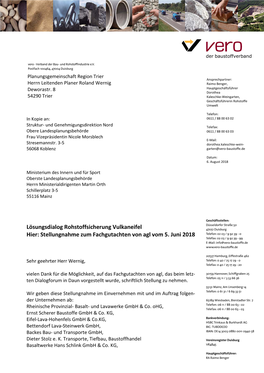 Lösungsdialog Rohstoffsicherung Vulkaneifel Hier: Stellungnahme Zum Fachgutachten Von Agl Vom 5