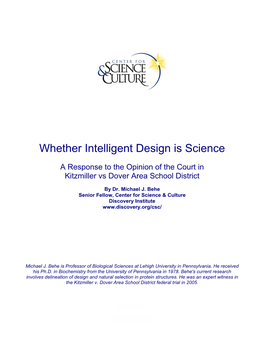 Michael Behe, Whether Intelligent Design Is Science
