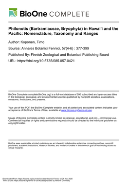 Philonotis (Bartramiaceae, Bryophyta) in Hawai'i and the Pacific: Nomenclature, Taxonomy and Ranges