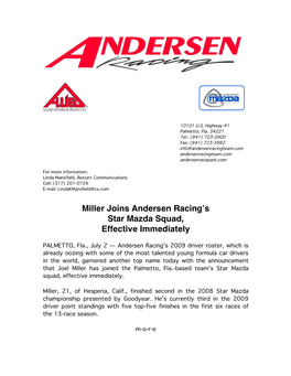 Miller Joins Andersen Racing's Star Mazda Squad, Effective Immediately