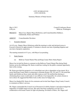 CITY of BELLEVUE CITY COUNCIL Summary Minutes of Study Session
