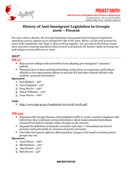History of Anti-Immigrant Legislation in Georgia 2006 – Present