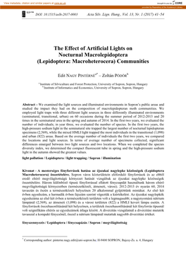 The Effect of Artificial Lights on Nocturnal Macrolepidoptera (Lepidoptera: Macroheterocera) Communities