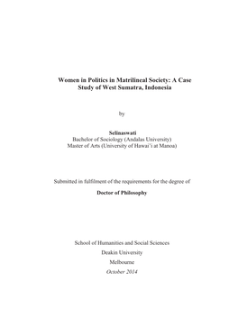 Women in Politics in Matrilineal Society: a Case Study of West Sumatra, Indonesia