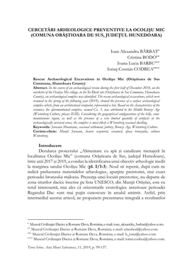 Cercetări Arheologice Preventive La Ocolişu Mic (Comuna Orăştioara De Sus, Judeţul Hunedoara)